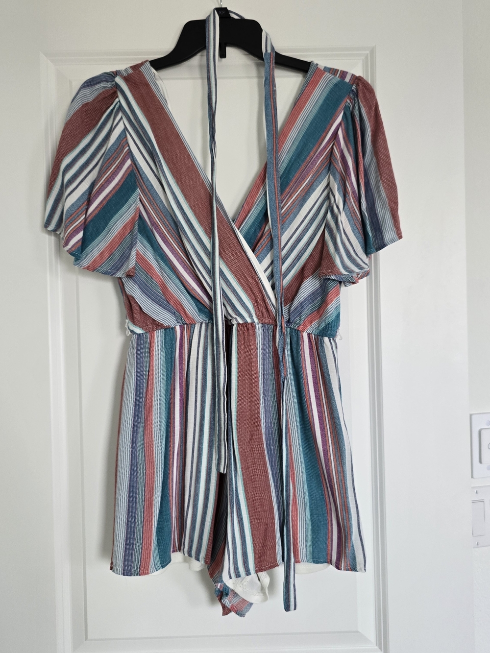Francesca's miami Striped Multi-Color Wrap Romper in Teal, Rust & White